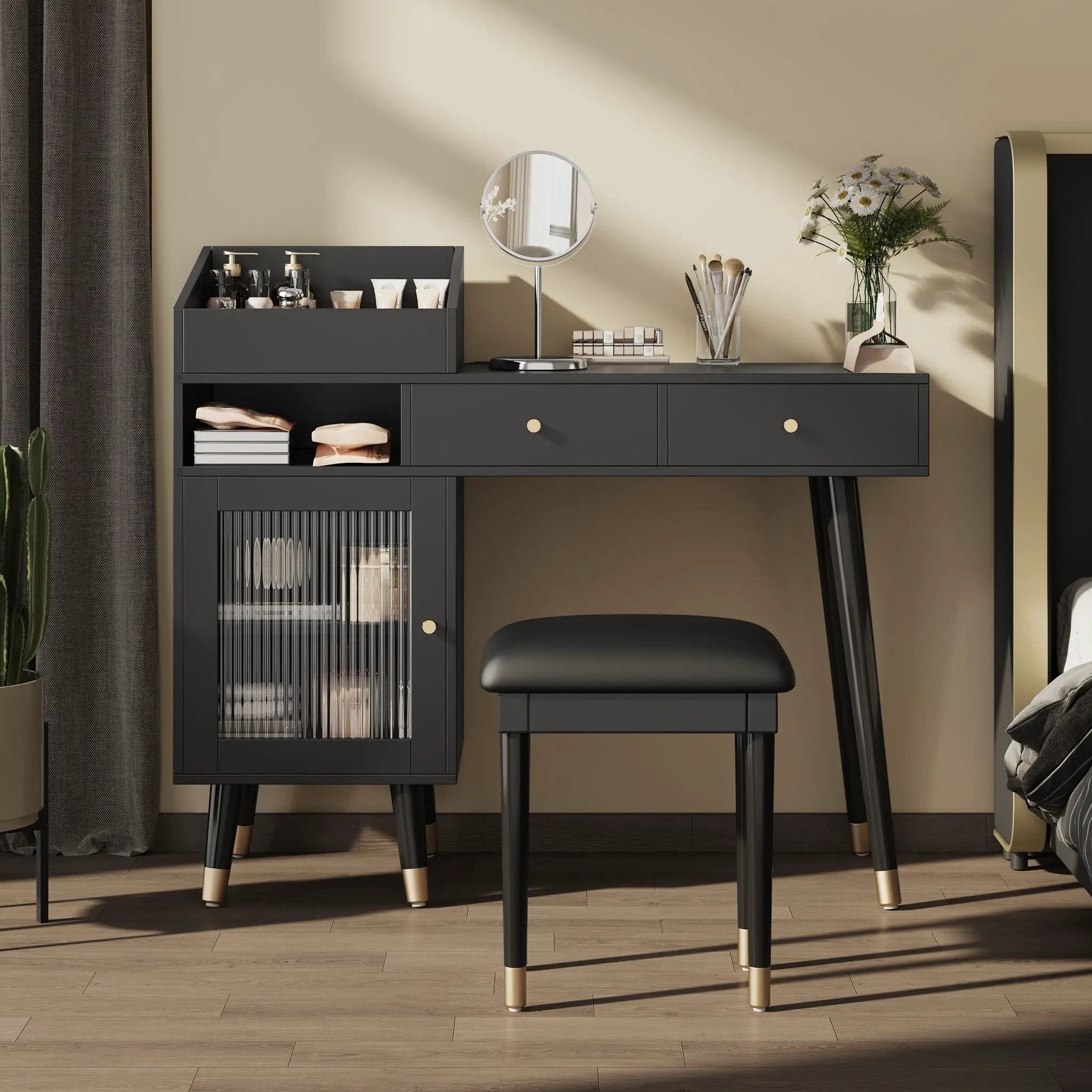 Modern Makeup Vanity Desk With Drawers Cabinet & Charging Port Engineered Wood Space Saving Design For Small Places - Black by Unique Piece Furniture