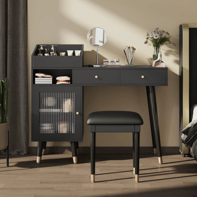 Modern Makeup Vanity Desk With Drawers Cabinet & Charging Port Engineered Wood Space Saving Design For Small Places - Black by Unique Piece Furniture