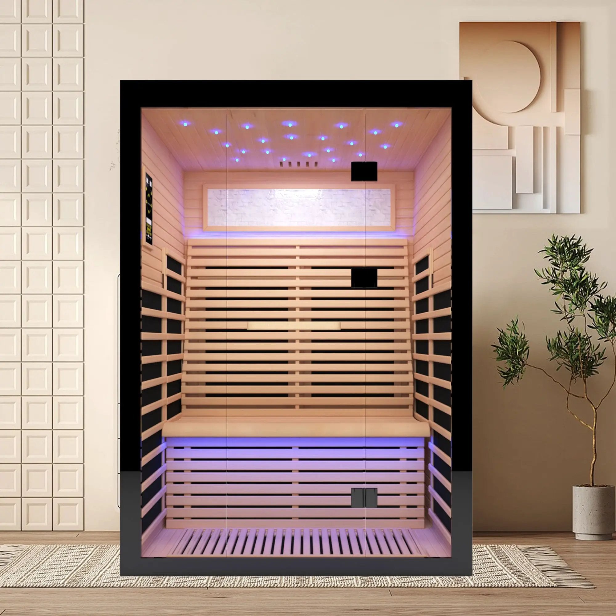 Luxury Double Far Infrared Sauna Room With Epoxy Heating Plates And Starry Sky Lighting - Black / Natural by HouseOfZazla