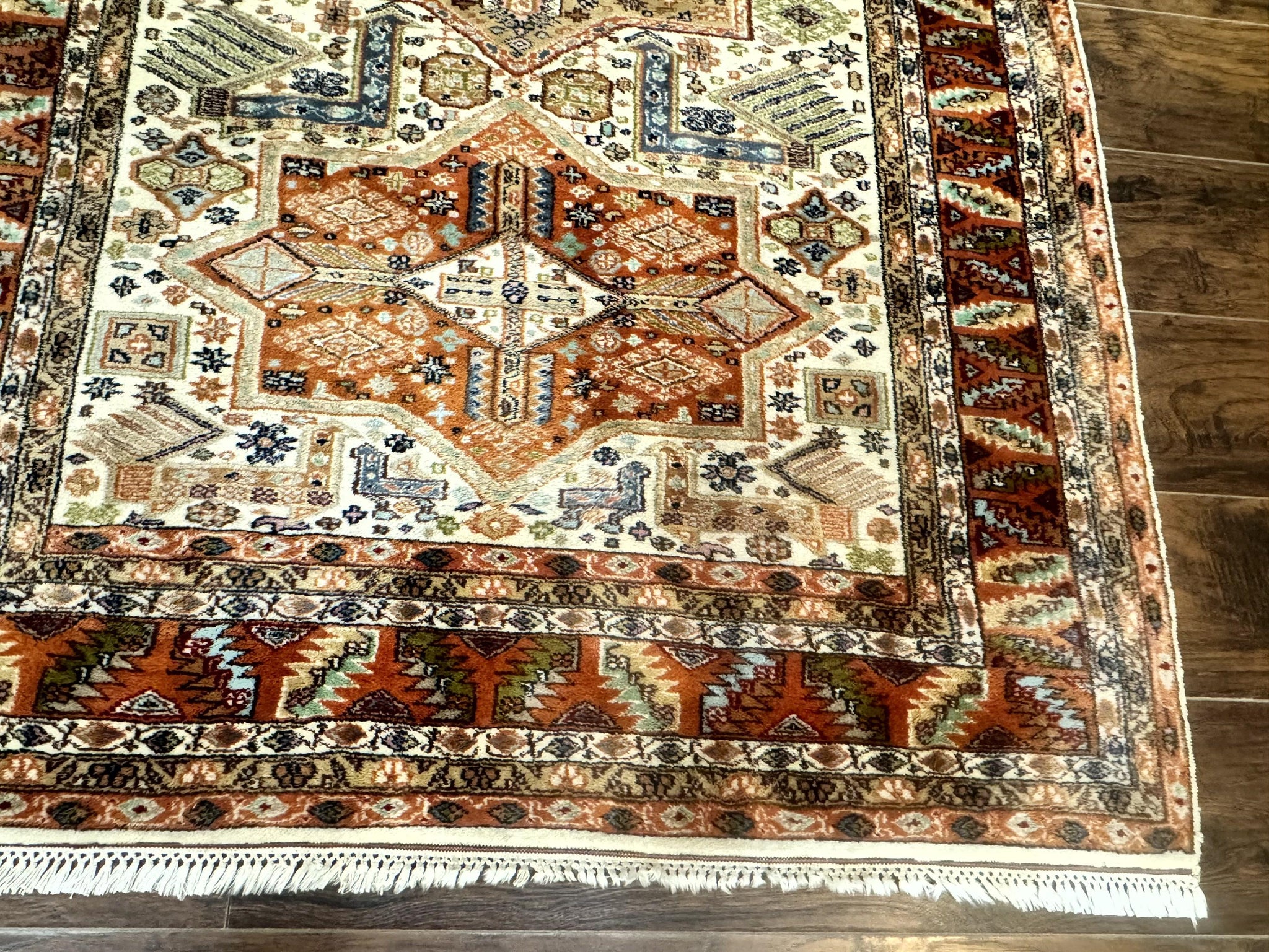 Turkish Kazak Rug 4x6, Geometric Medallions, Vintage Handmade Wool Carpet by Jewel Rugs