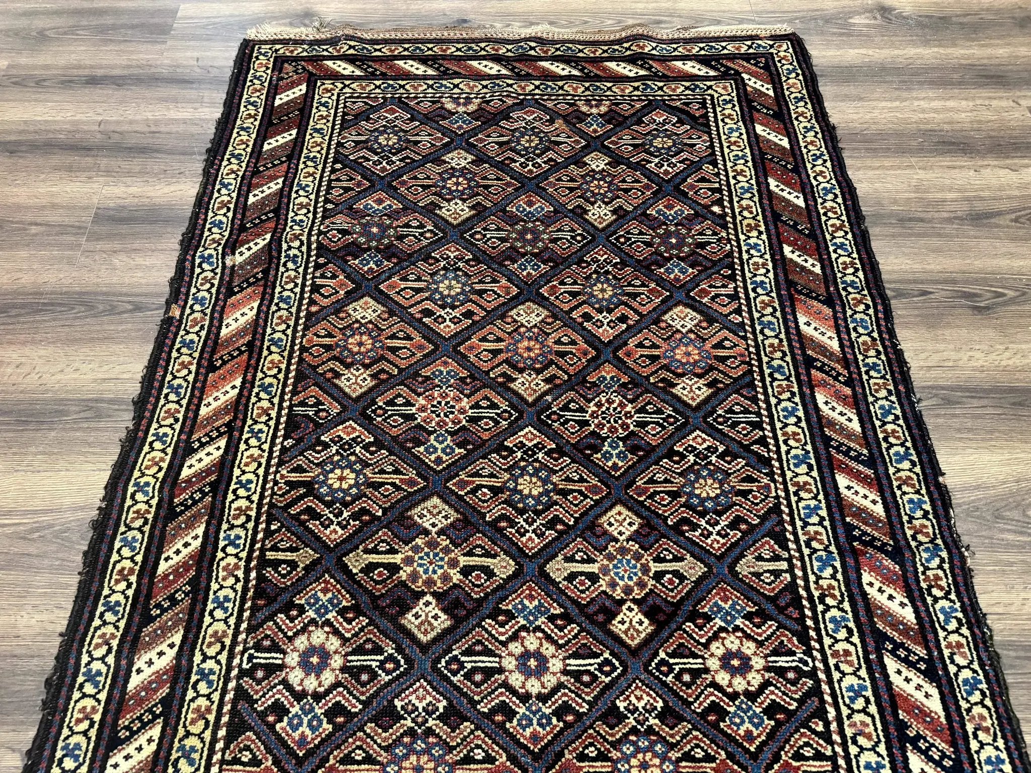 Antique Persian Wide Runner Rug 4x9, Kurdish Rug, Panel Design, Rainbow Border, Rare Tribal Rug by Jewel Rugs