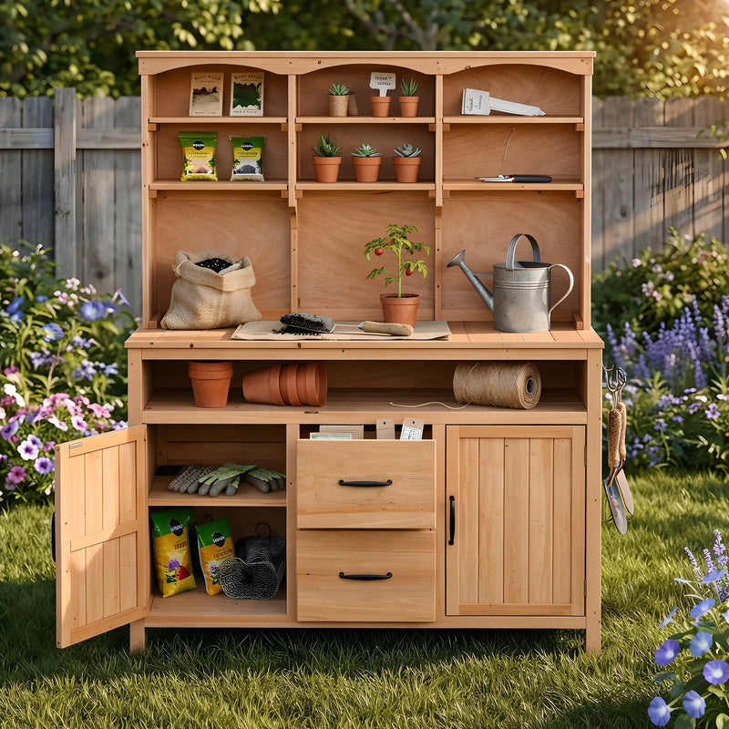 TOPMAX Large Fir Wood Potting Bench with Hutch, Cabinets & Drawers by HouseOfZazla