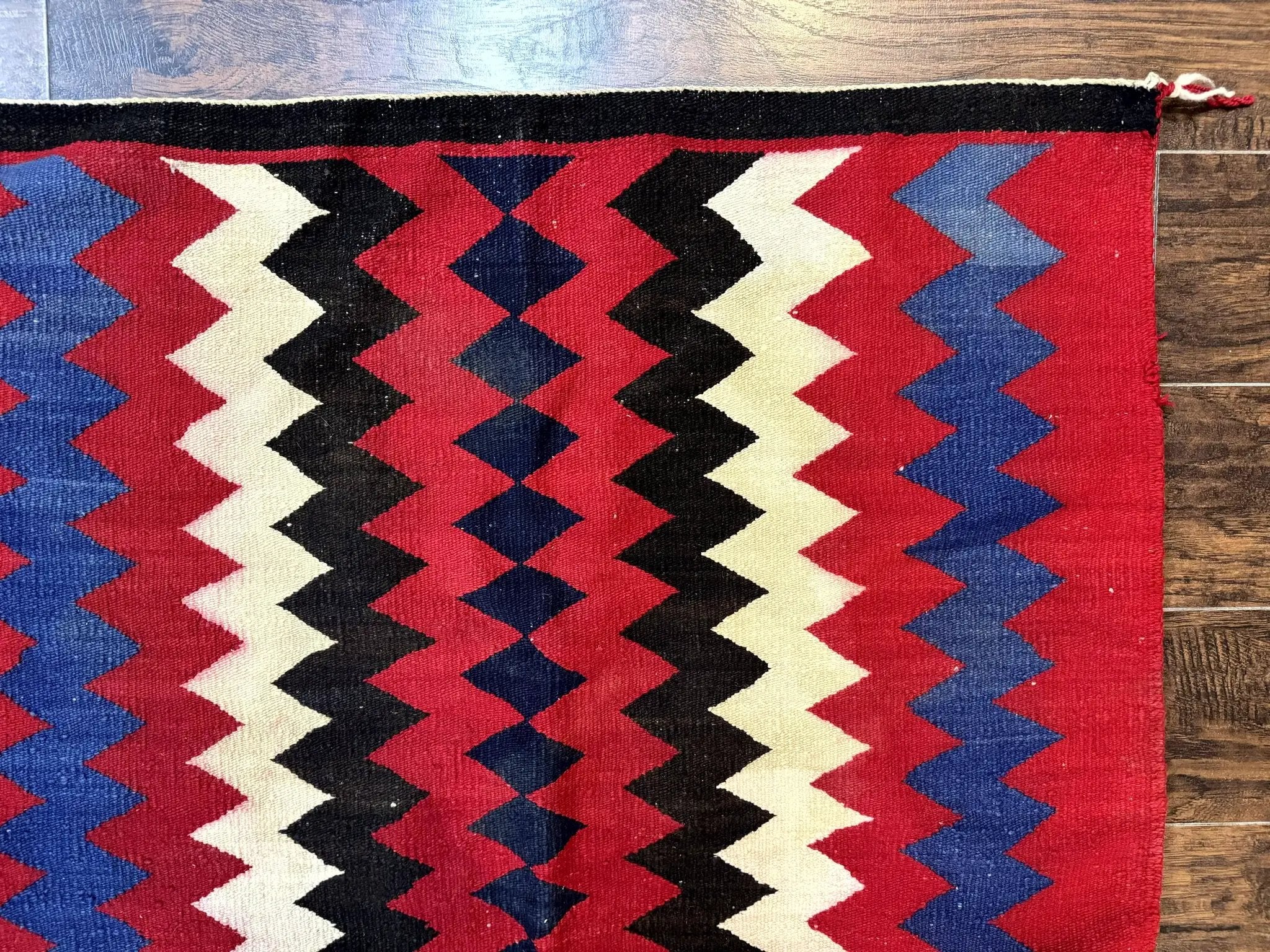 Antique Navajo Rug 3.7 x 2.8, Red Ivory Blue, Zig Zag Pattern, Handmade, Wool by Jewel Rugs