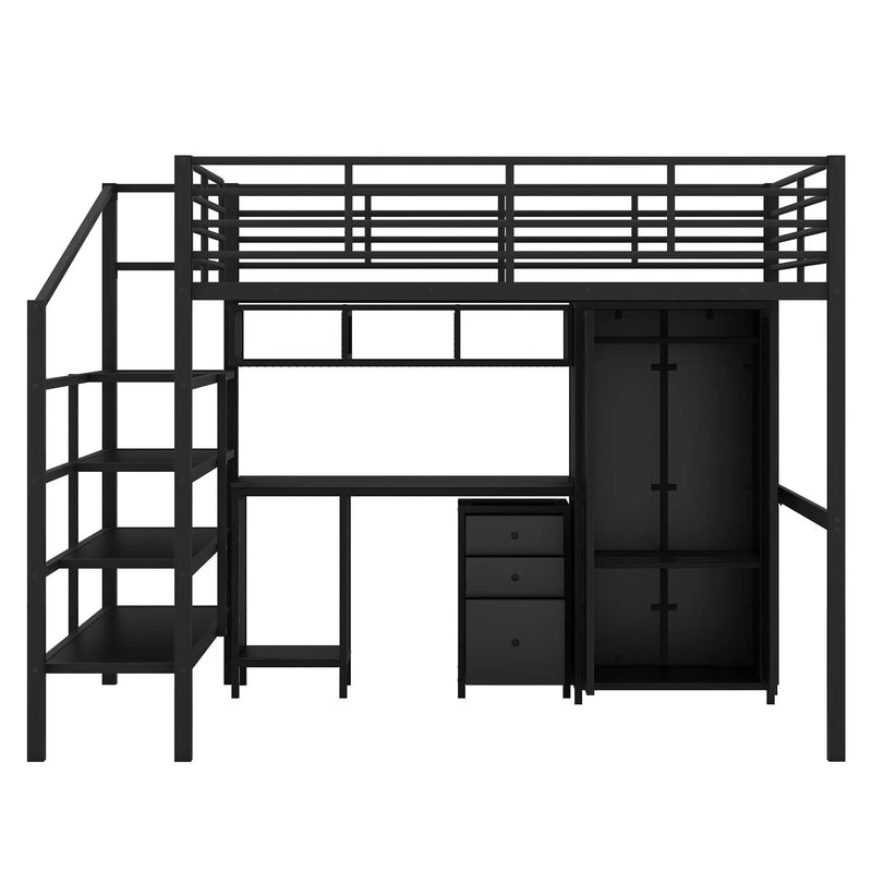 Full Size Loft Bed With Desk Set And Wardrobe - Black by HouseOfZazla