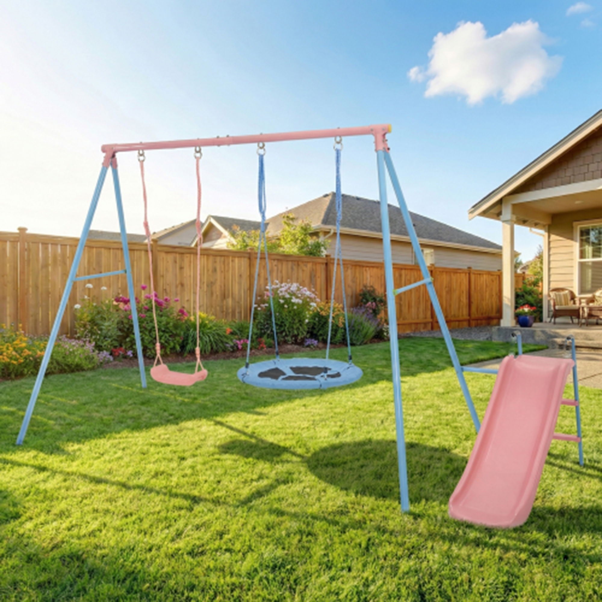 Xns107 - 2 Swing Set With Slide For Outdoor - Blue / Pink by HouseOfZazla