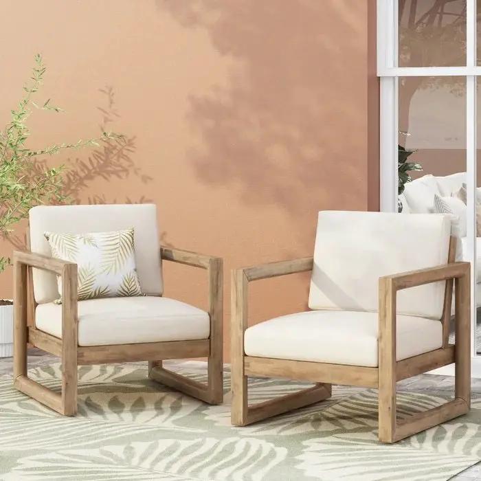 Set of 2 Outdoor Acacia Wood Patio Club Chairs with Beige Cushions by HouseOfZazla