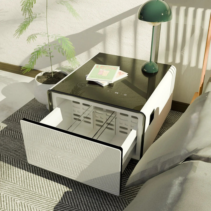 Modern Smart Side Table With Built-In Fridge, Wireless Charging, Temperature Control, Power Socket, USB Ports, Outlet Protection, Induction Light by Unique Piece Furniture