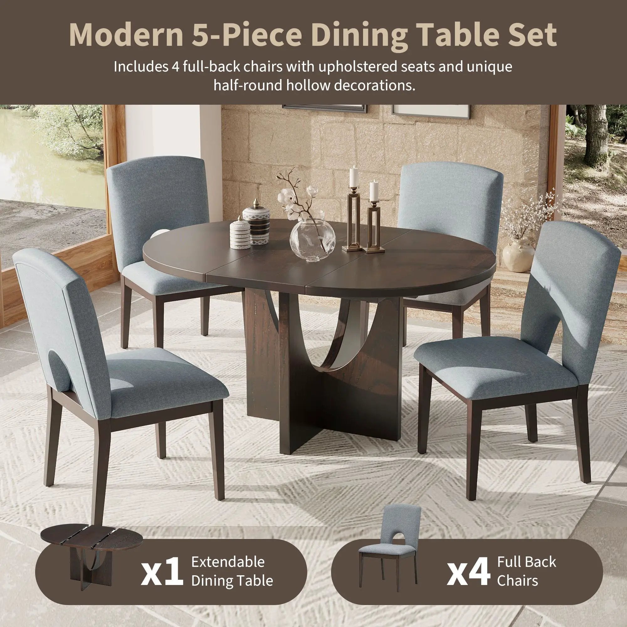 Topmax - 5 Piece Modern Extendable Round Dining Table Set With Removable Leaf For Small Places by Unique Piece Furniture