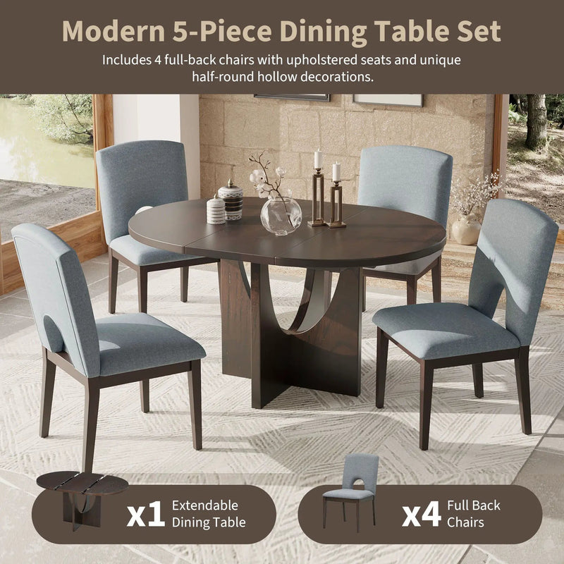 Topmax - 5 Piece Modern Extendable Round Dining Table Set With Removable Leaf For Small Places by HouseOfZazla
