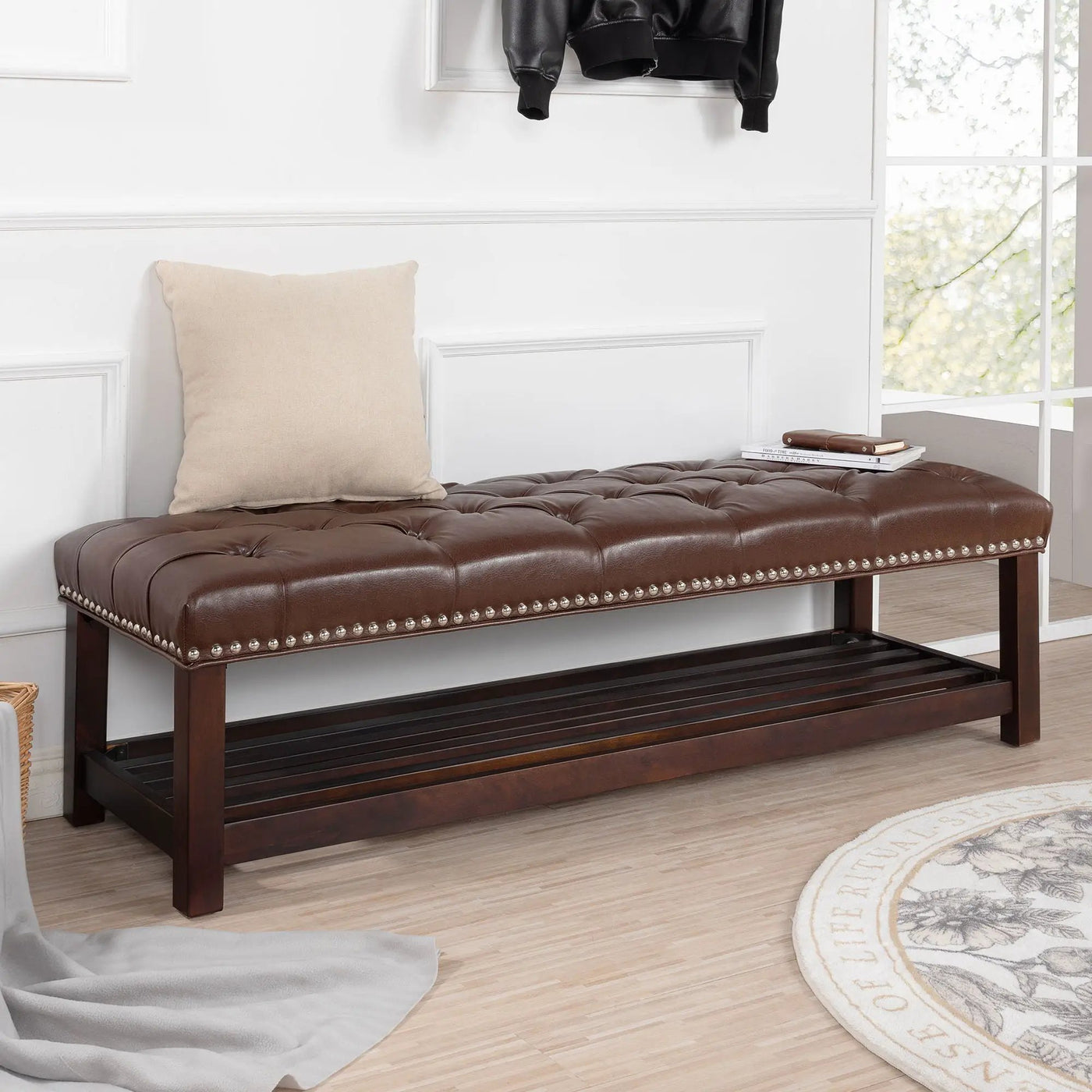 Bedroom End Of Bed Bench Tufted Upholstered End Of Bed Bench End Of Bed Entrance Shoe Bench With Nailhead Trim And Shelf Bedroom Upholstered Bench Living Room Shoe Rack Footstool by HouseOfZazla