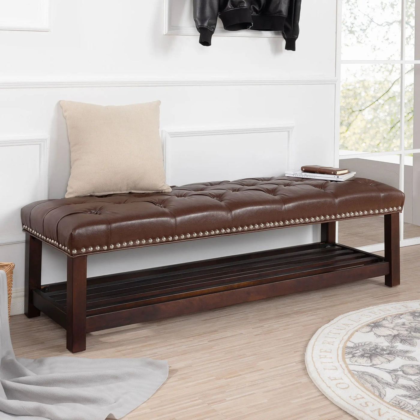 Bedroom End Of Bed Bench Tufted Upholstered End Of Bed Bench End Of Bed Entrance Shoe Bench With Nailhead Trim And Shelf Bedroom Upholstered Bench Living Room Shoe Rack Footstool by Unique Piece Furniture