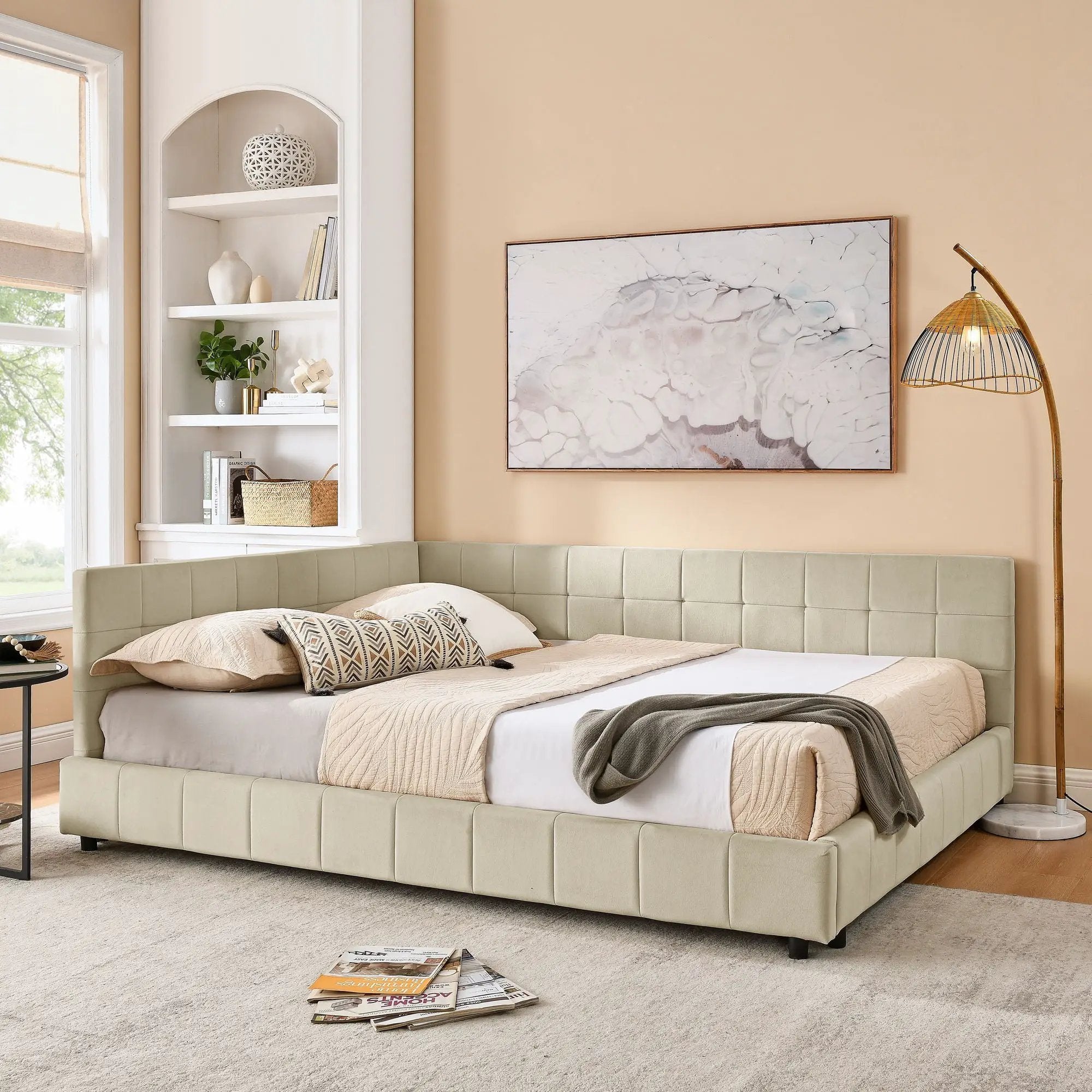 Mid-Century Storage Upholstered Tufted Bed Frame With Backrest And Armrests by Unique Piece Furniture