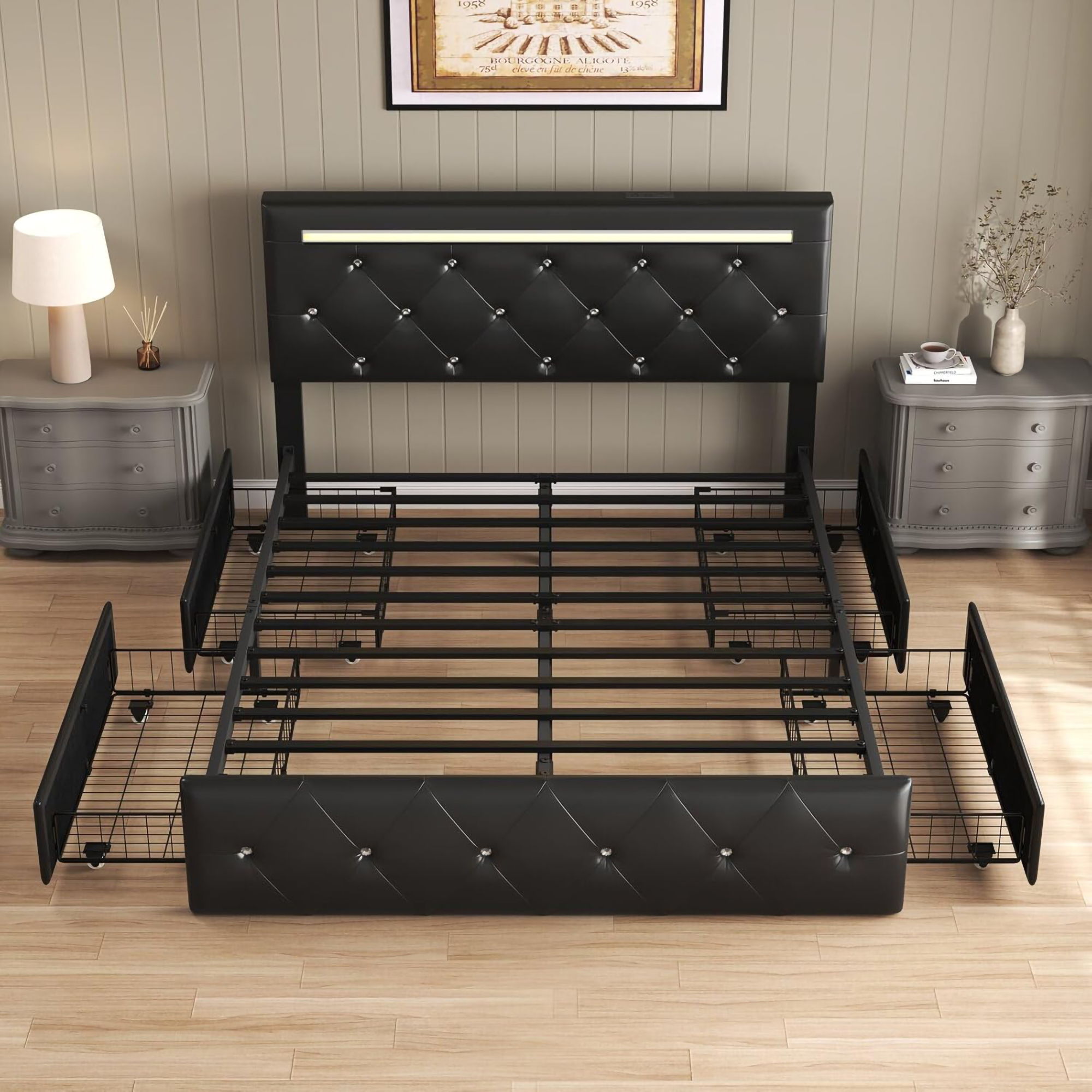 Upholstered Bed Frame With LED Lights, 4 Storage Drawers, Charging Station by HouseOfZazla