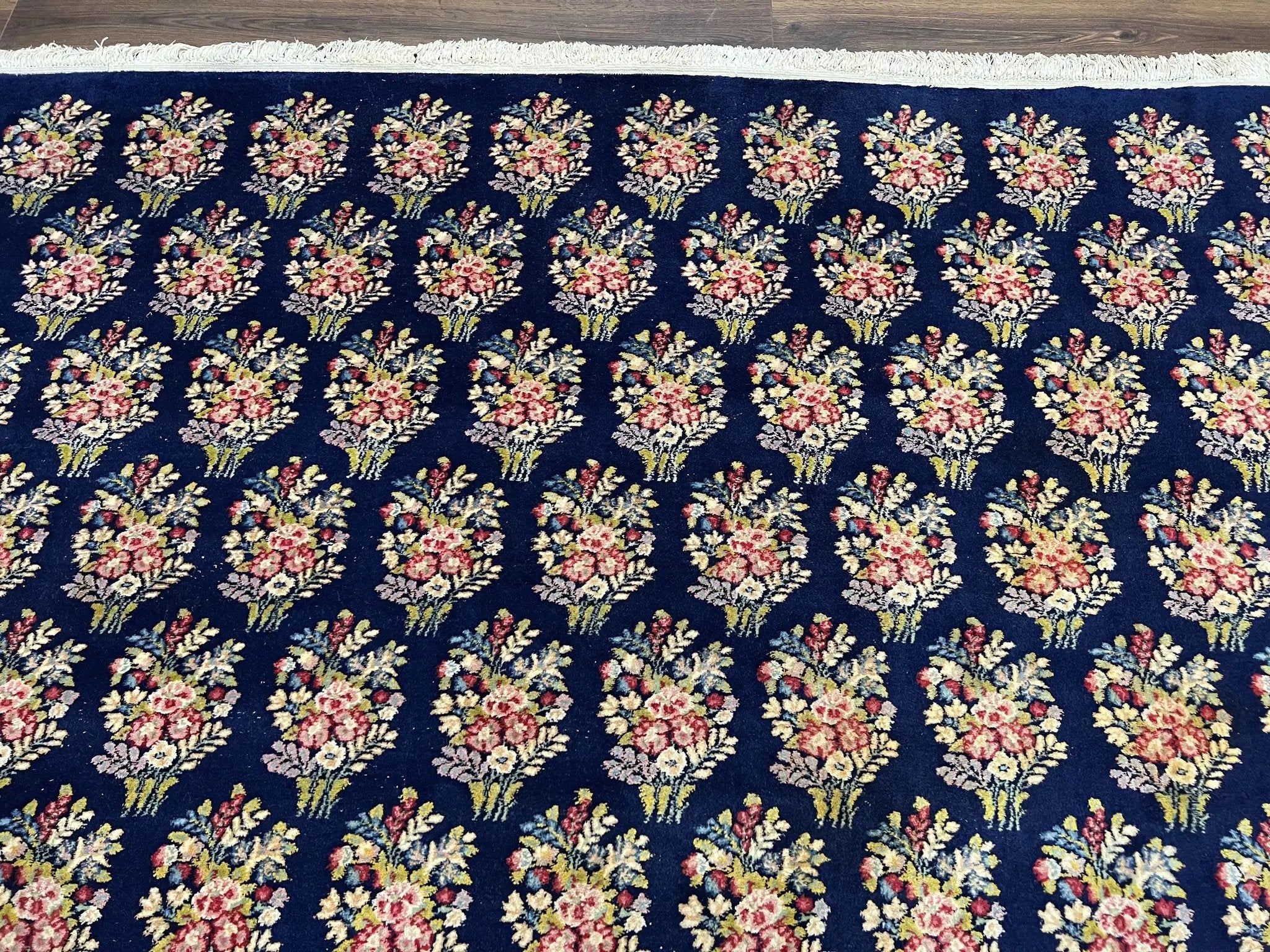 Persian Rug 9x12, Authentic Hand Knotted Carpet, Repeated Floral Motif Garden of Eden, Navy Blue Wool Rug 9 x 12, Semi Antique Kirman Rug by Jewel Rugs