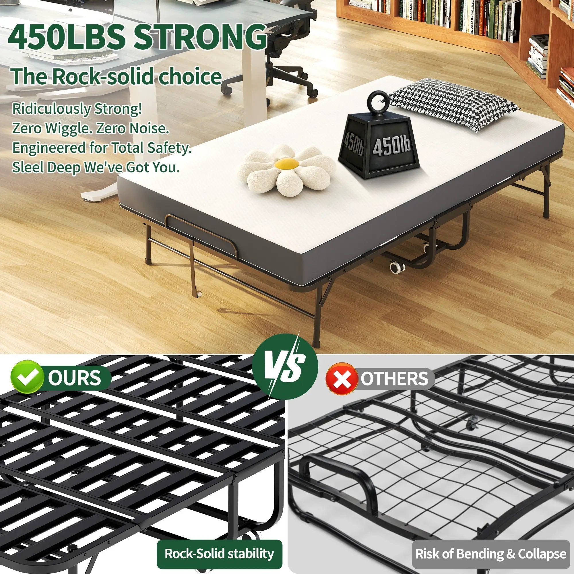 Twin Wide Folding Bed For Tall People, Extra Long & Wide Rollaway With Memory Foam, Heavy-Duty - Black by Unique Piece Furniture