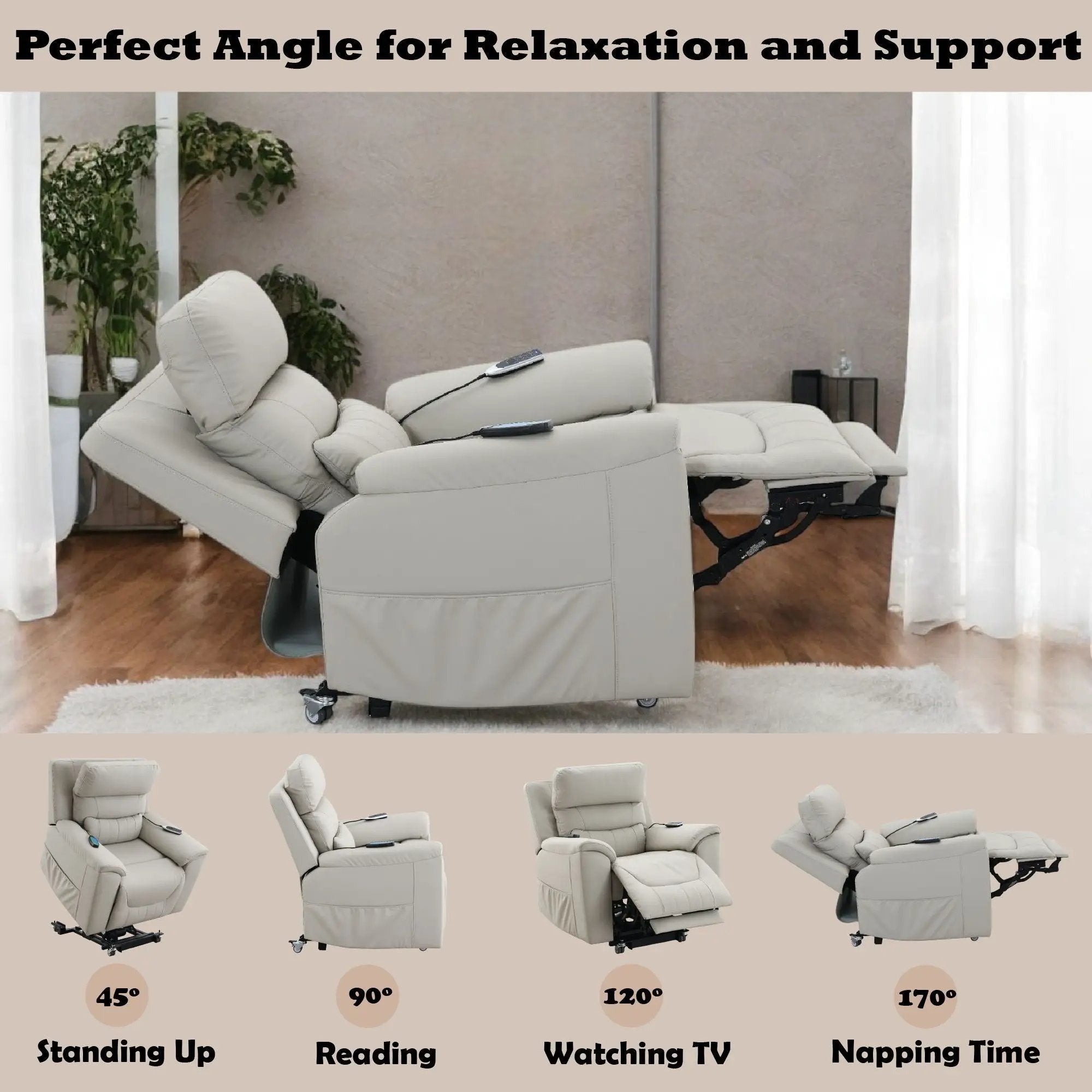 Marsha - Silicone Synthetic Leather Power Motion Recliner With Lift Heating Massage Chair - Light Gray by Unique Piece Furniture
