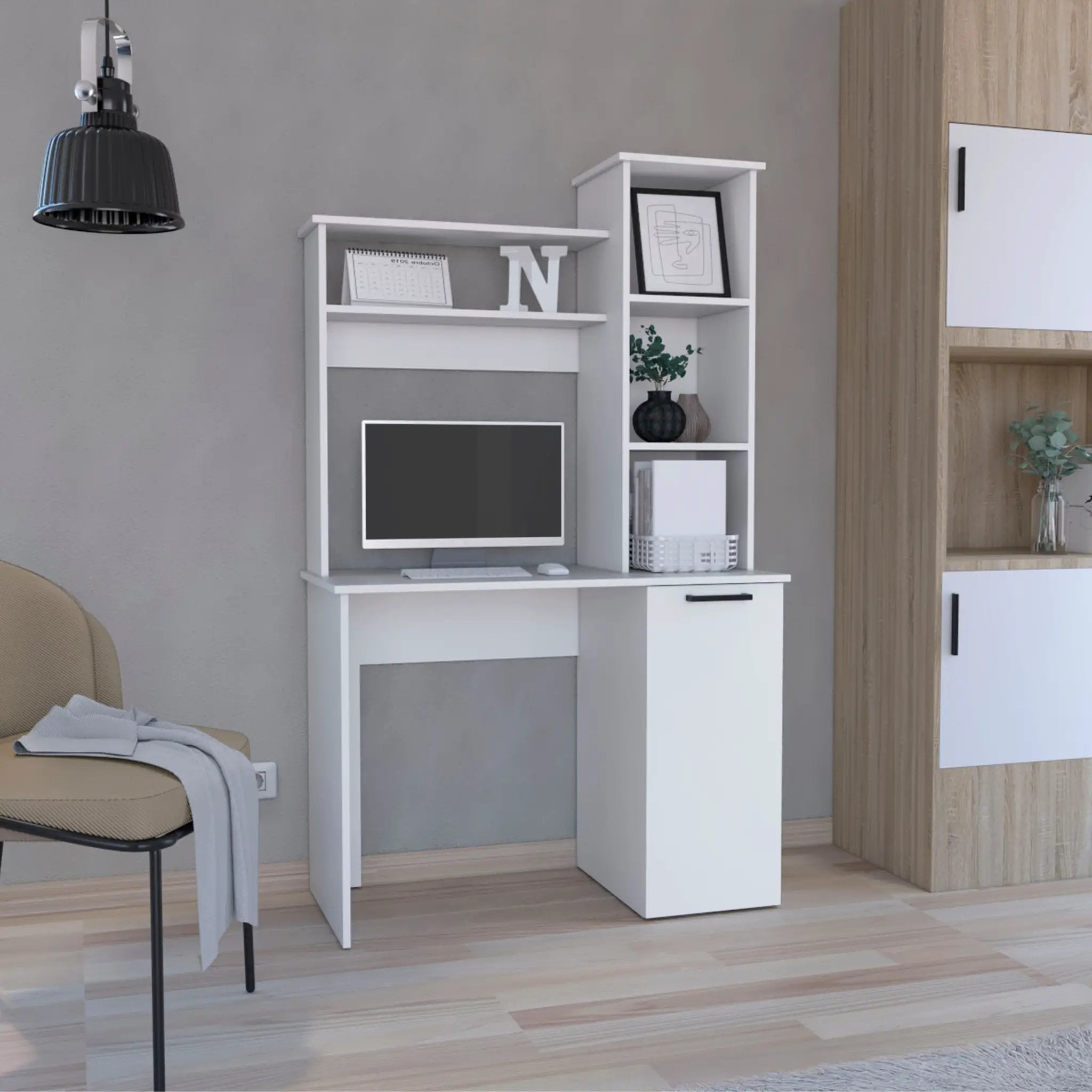 Carson Computer Desk with Hutch, Single Door Cabinet, and Shelves by HouseOfZazla