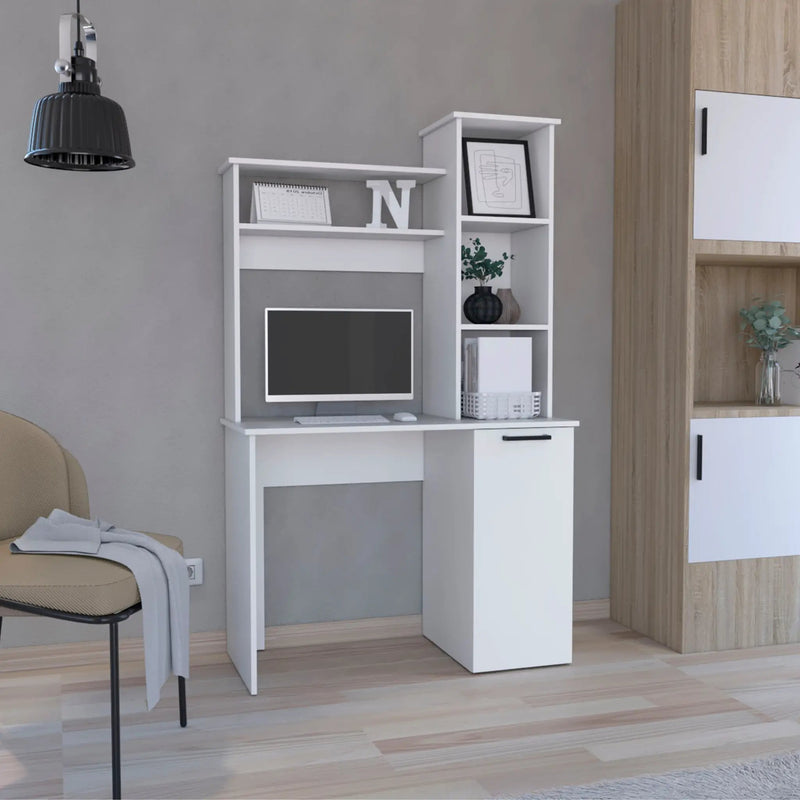 Carson Computer Desk with Hutch, Single Door Cabinet, and Shelves by HouseOfZazla