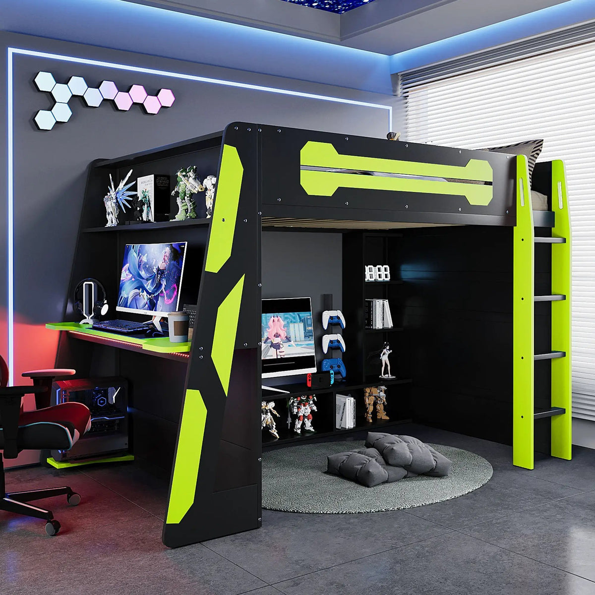 Full Size Wood Loft Bed with Desk, Multi-storage Shelves and RGB Light, photo 2 of 10