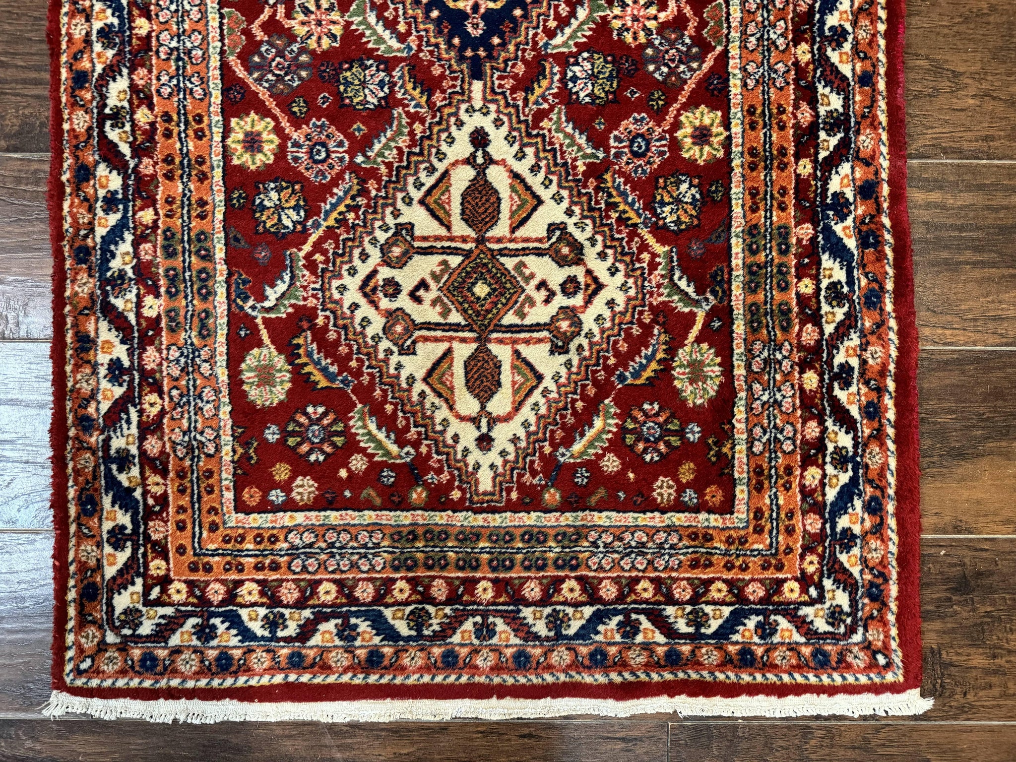 Antique Persian Qashqai Runner Rug 3 x 13 ft, Tribal Runner, Geometric Medallions, Red Ivory Blue, Wool by Jewel Rugs