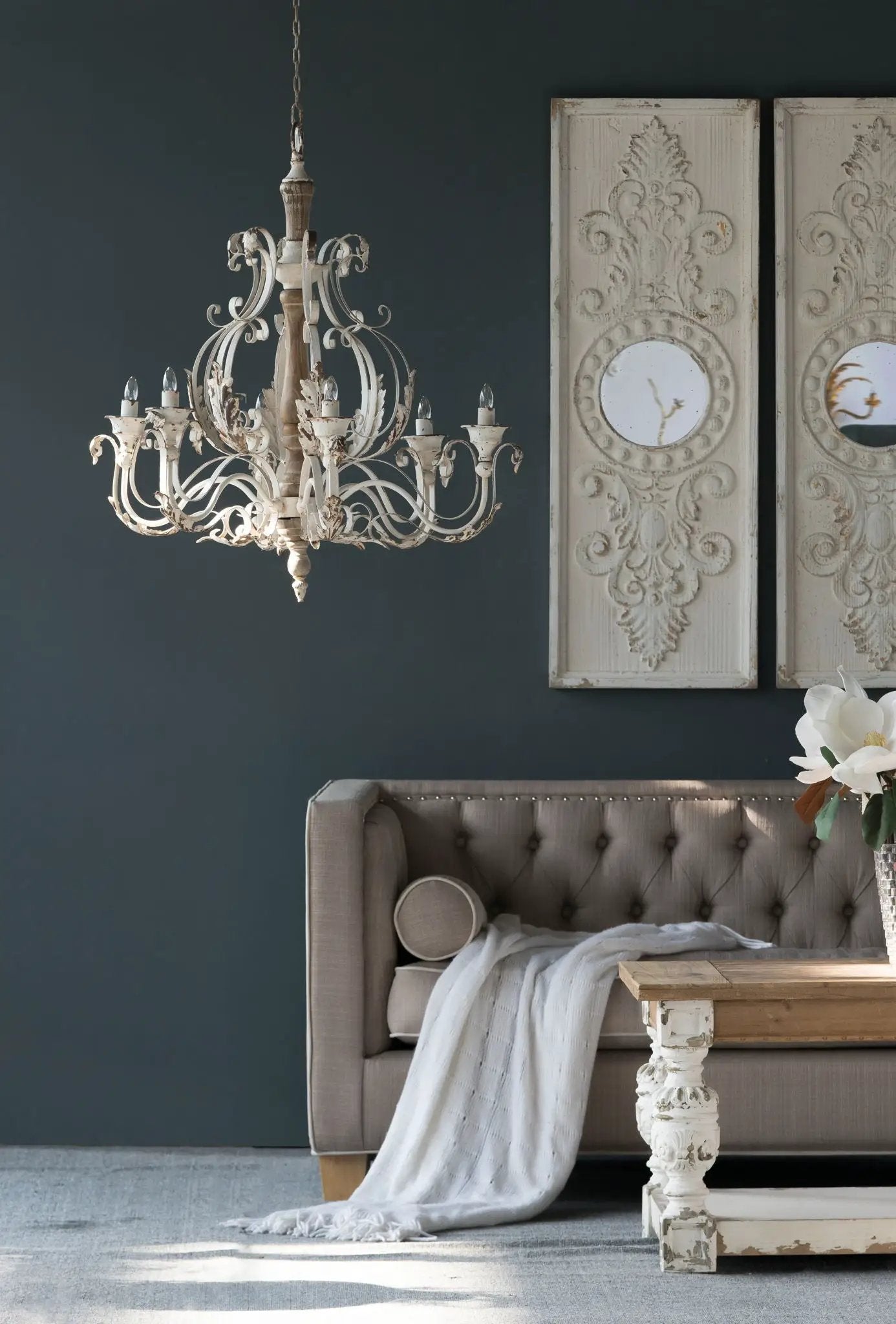 Large Wooden Wall Art Panels With Distressed Round Mirror Accents (Set of 2) - White by Unique Piece Furniture