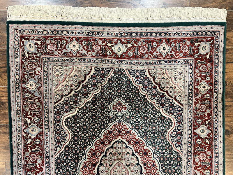 Sino Persian Rug 4x6, Wool with Silk Highlights, Fine Hand Knotted Carpet, Green & Maroon Red, Herati Medallion, Vintage Rug by Jewel Rugs