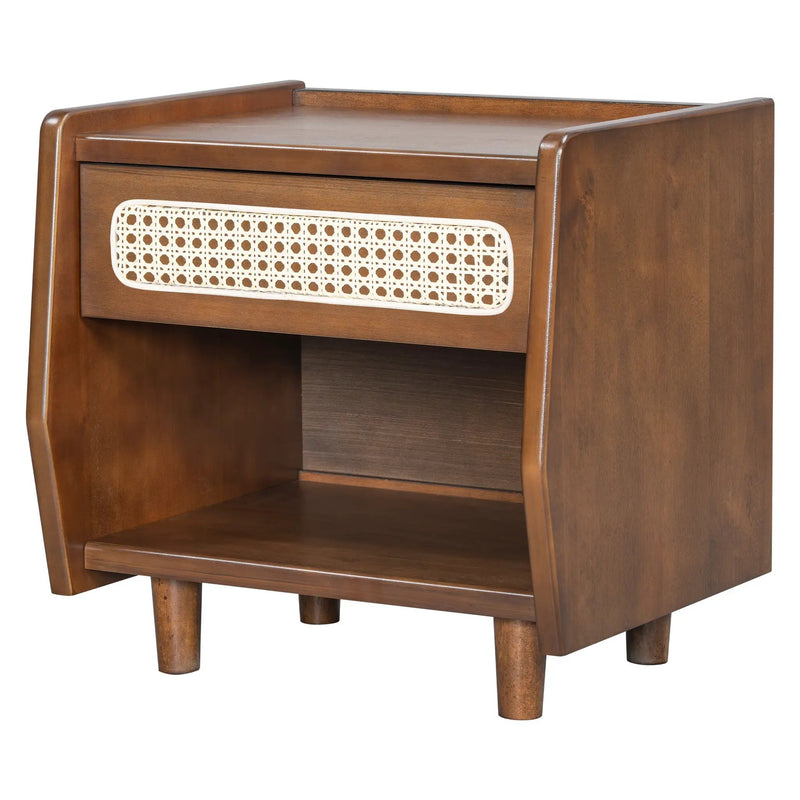 Walnut Nightstand with Rattan Detail, MDF + Solid Wood by HouseOfZazla