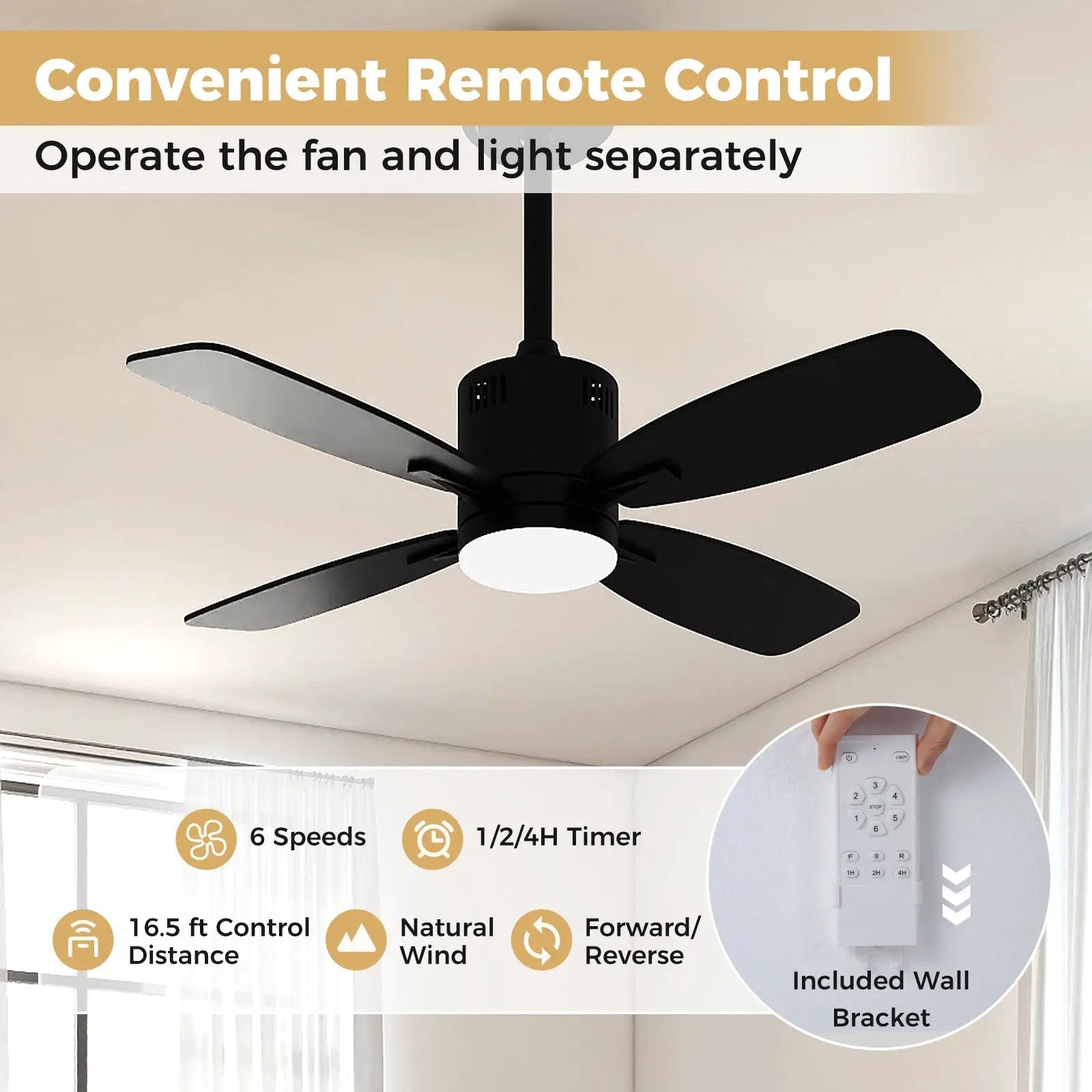42inch Ceiling Fan with Light and Remote 3CCT LED with Memory 4H Timer 6 Speeds-Black by DirectDeals
