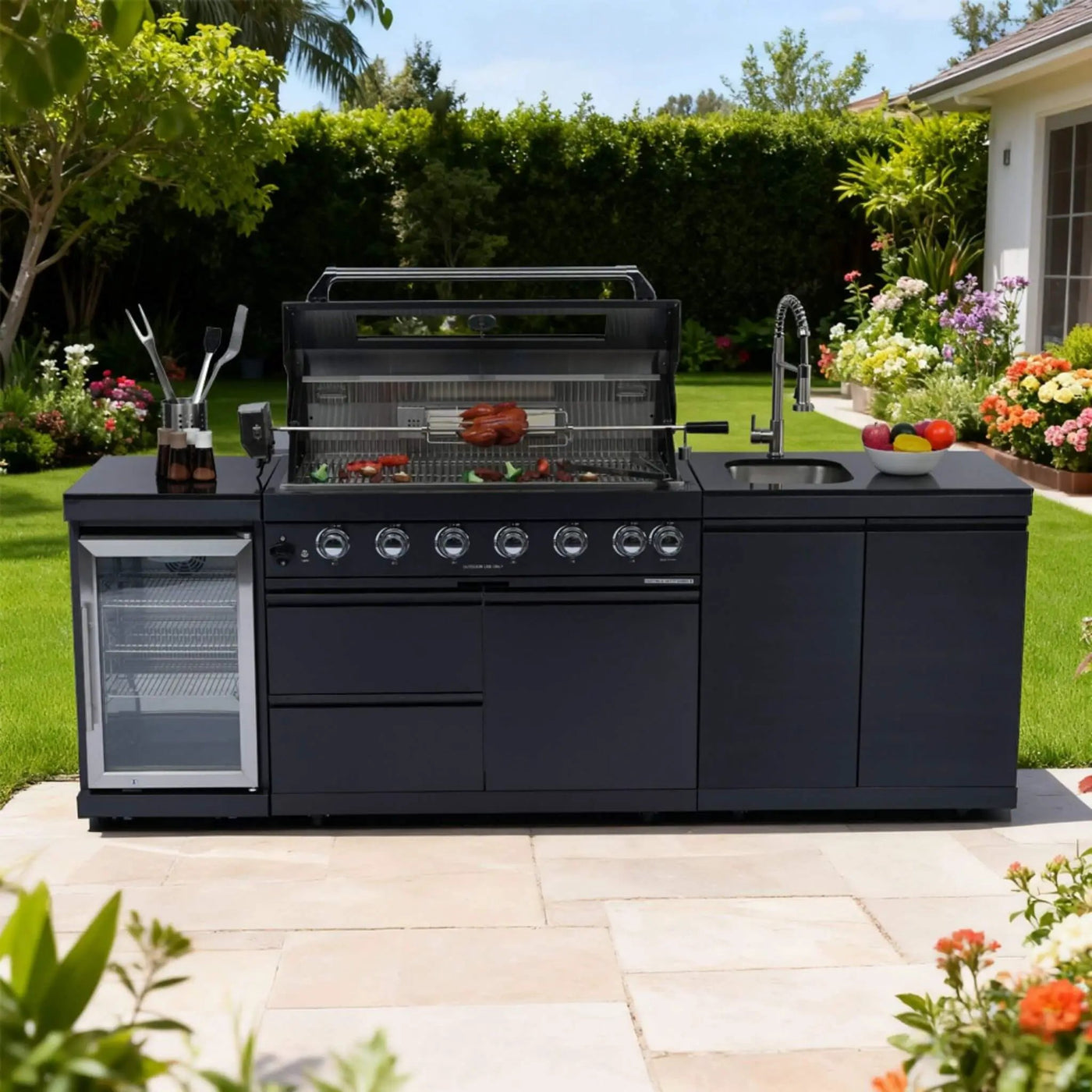 Castelle Flame Belmont 43-Inch 6-Burner 85K BTU Stainless Steel Outdoor BBQ Kitchen Grill Island With Wine Cooler, Rotisserie, And Sink (SAK19476) by SAKSBY WHOLESALE