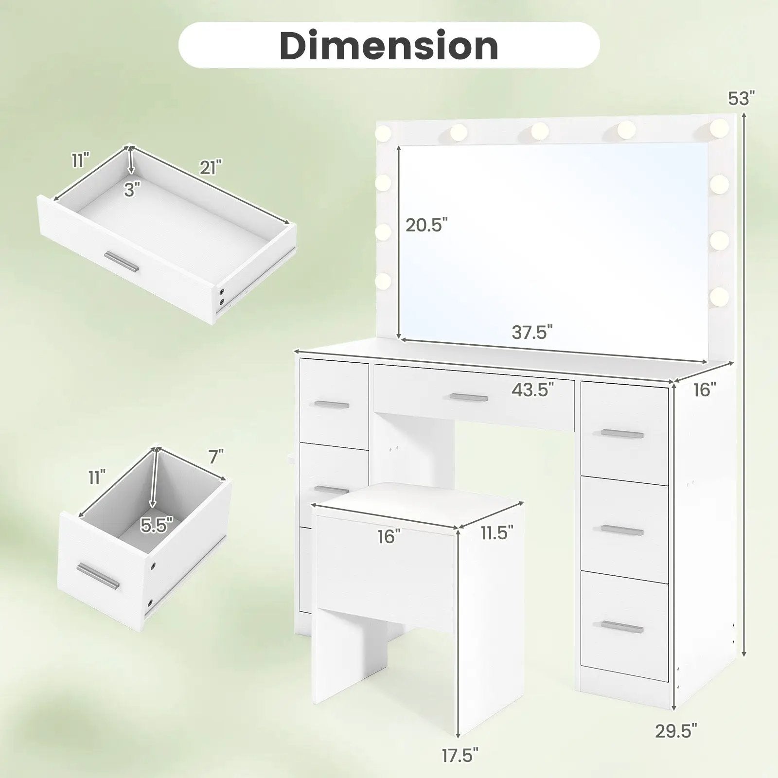 43.5-Inche Vanity Desk with Mirror and Lights for Bedroom-White by DirectDeals
