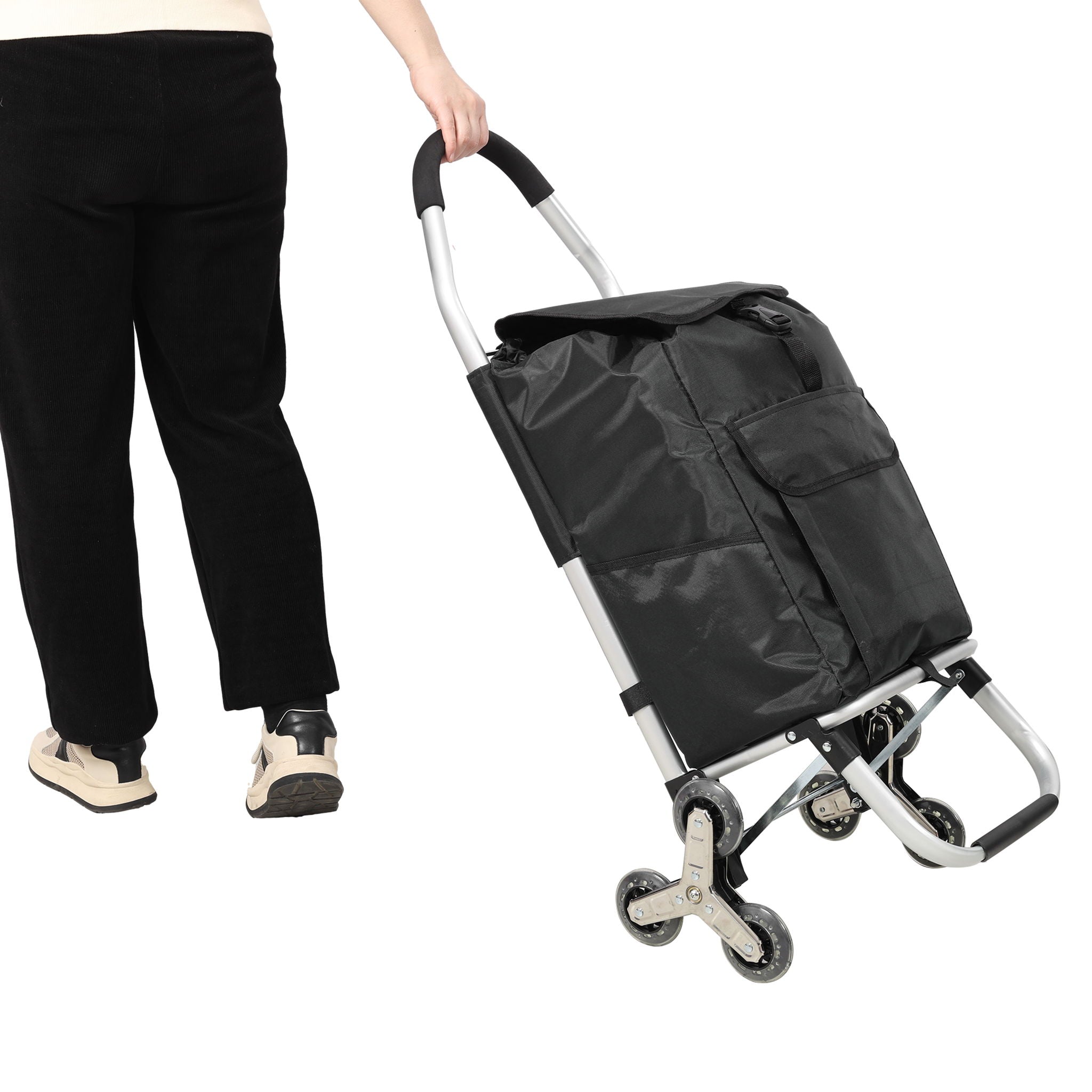 Foldable Shopping Stair Trolley With Triangular Wheels And Removable Waterproof Bag - Black by HouseOfZazla