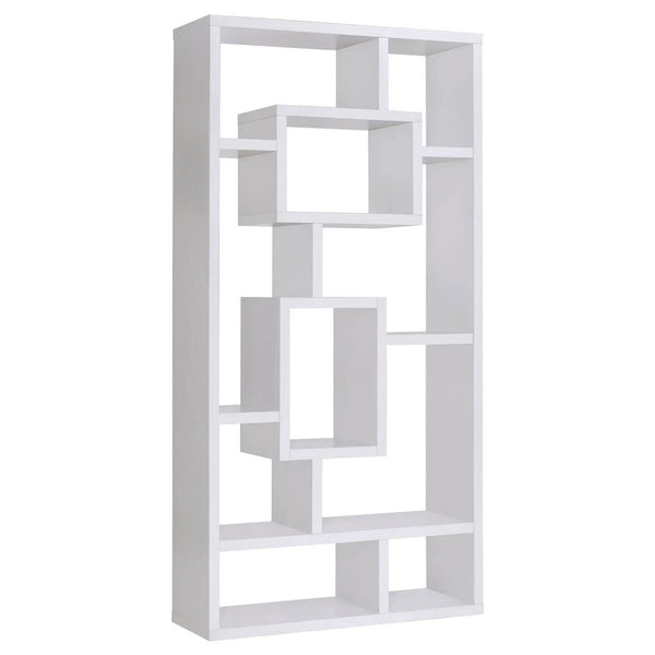 Geometric 10 Shelf Open Back Bookcase With Interlocking Shelves - White