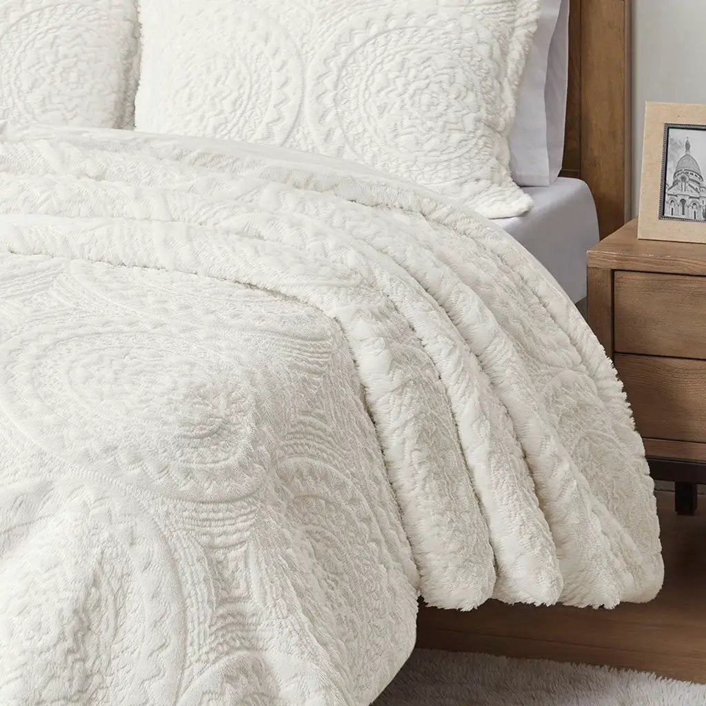 King/Cal King Embroidered Medallion Faux Fur Comforter Mini Set by HouseOfZazla