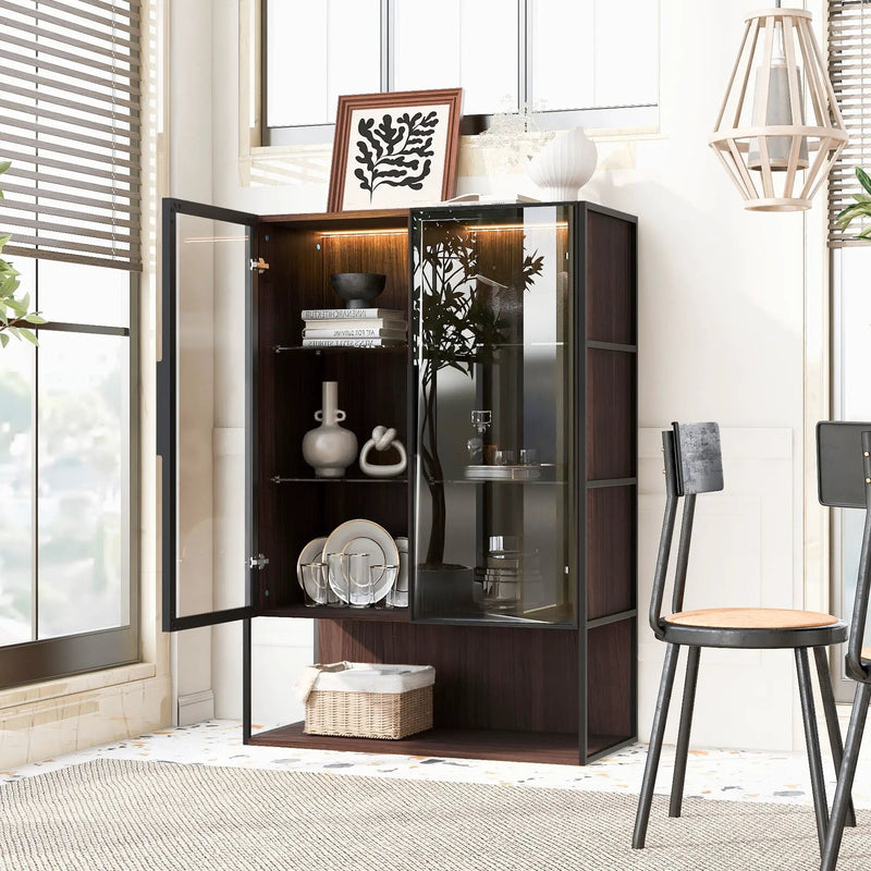 Modern Minimalist Tall Lighted Display Cabinet With Tempered Glass Door - Black / Dark Walnut by Unique Piece Furniture