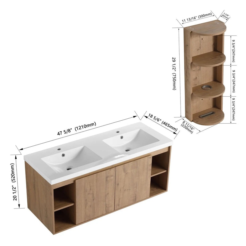 Modern 48" Wall Mounted Bathroom Vanity With Double Resin Sink And Storage Rack Soft Close Doors - Imitative Oak by Unique Piece Furniture