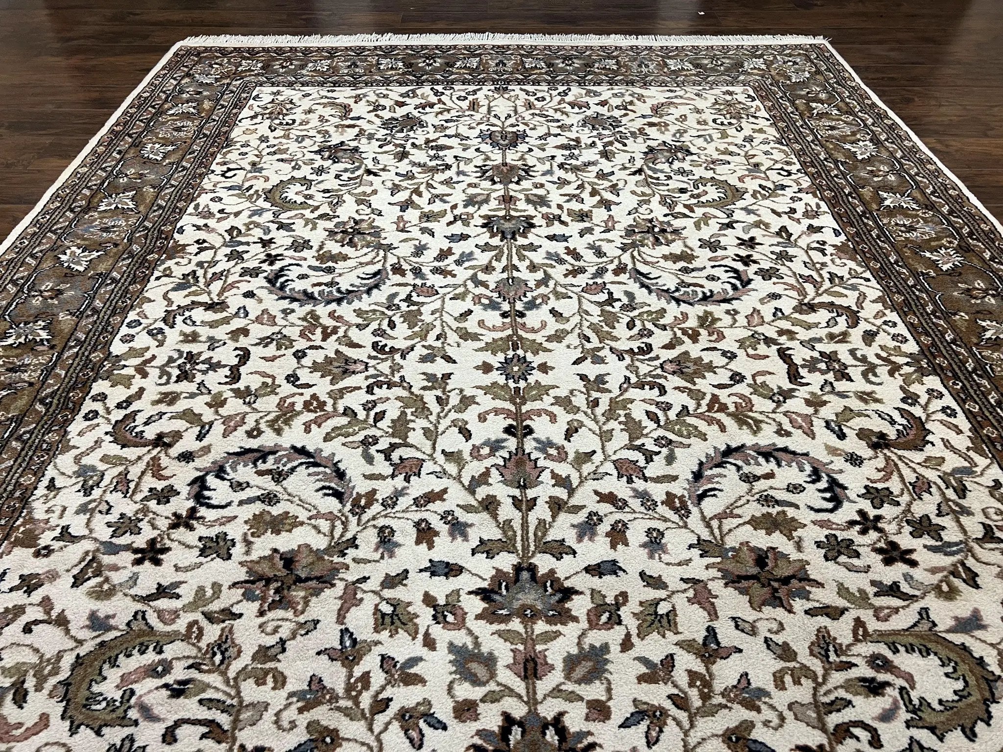 Indo Kirman Rug 8x12 Allover Floral Design, Ivory/Cream Brown, Vintage Handmade Hand Knotted Rug, Traditional Wool Persian Carpet 8 x 12 by Jewel Rugs