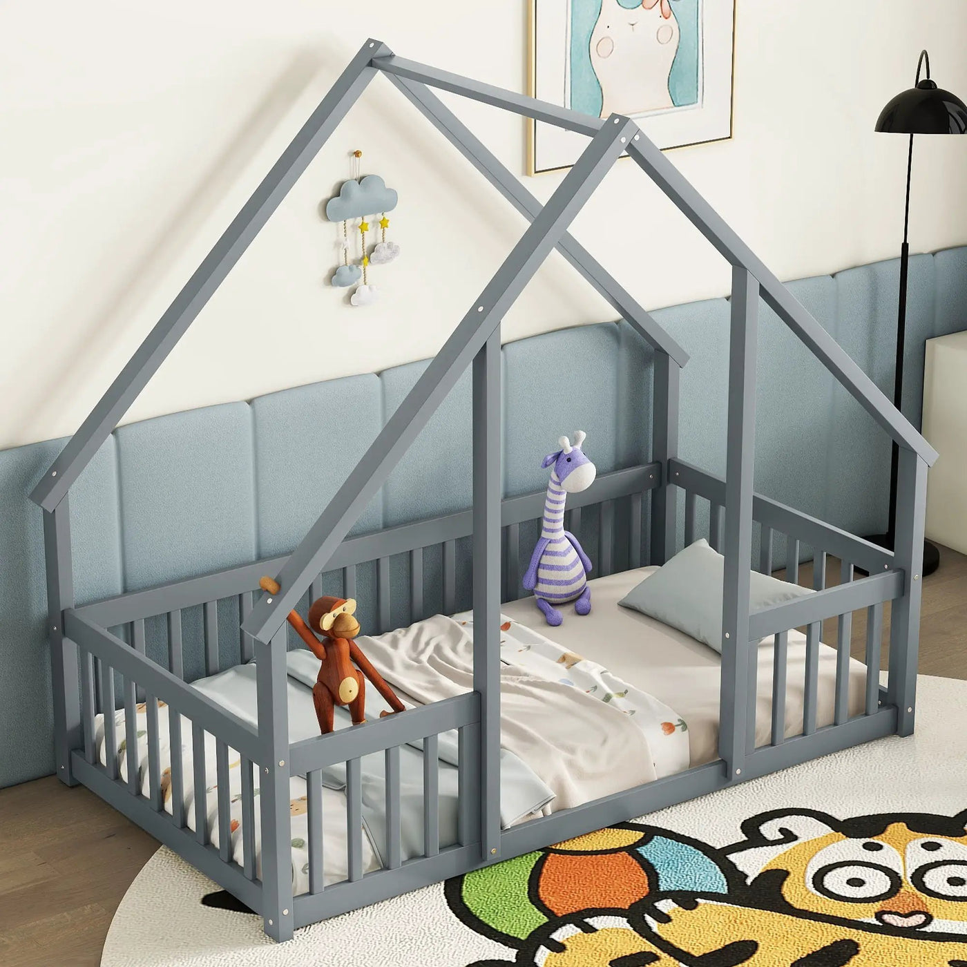 Wood House-Shaped Floor Bed With Fence, Guardrails by HouseOfZazla
