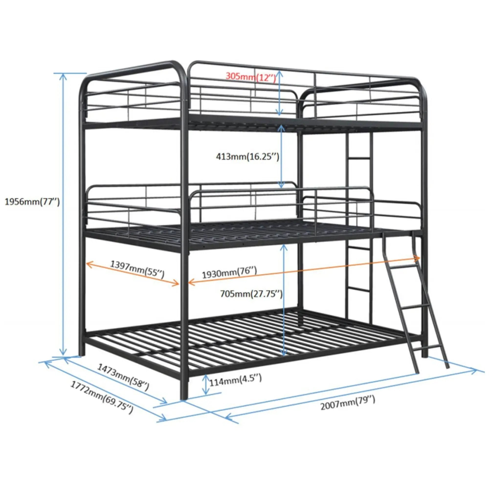 Triple Bunk Bed, Full Size With Sturdy Metal Frame And Safe Stairs - Black by Unique Piece Furniture