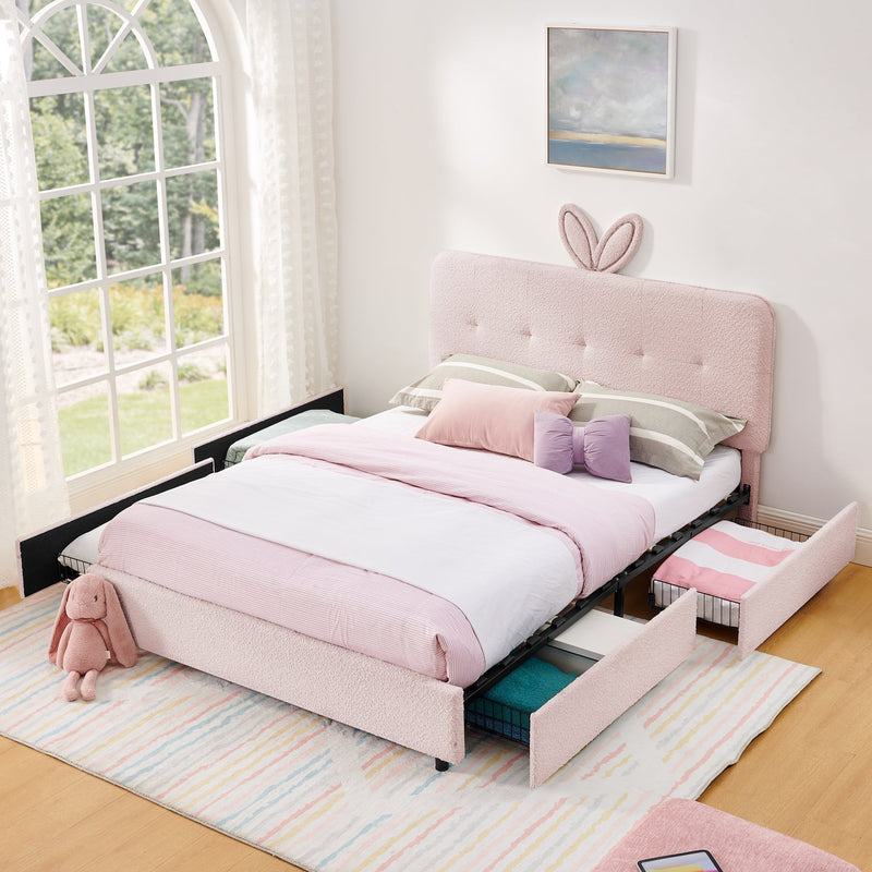 Queen Size Kids Upholstered Bed with Rabbit Ear Headboard & Storage by HouseOfZazla
