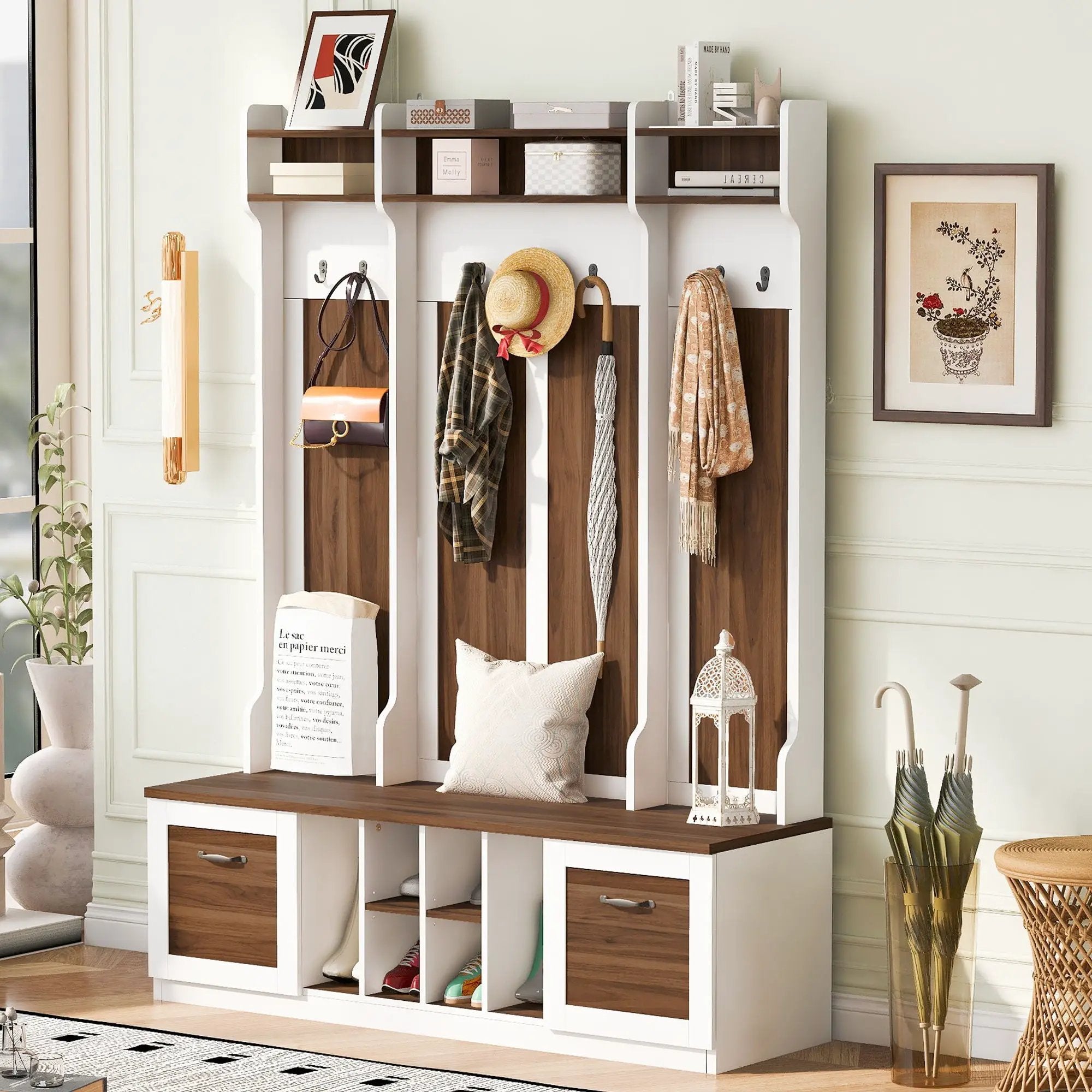 5 In 1 Entryway Bench With Coat Rack, 7 Sturdy Hooks, 2 Spacious Drawers And Adjustable Shelves by HouseOfZazla