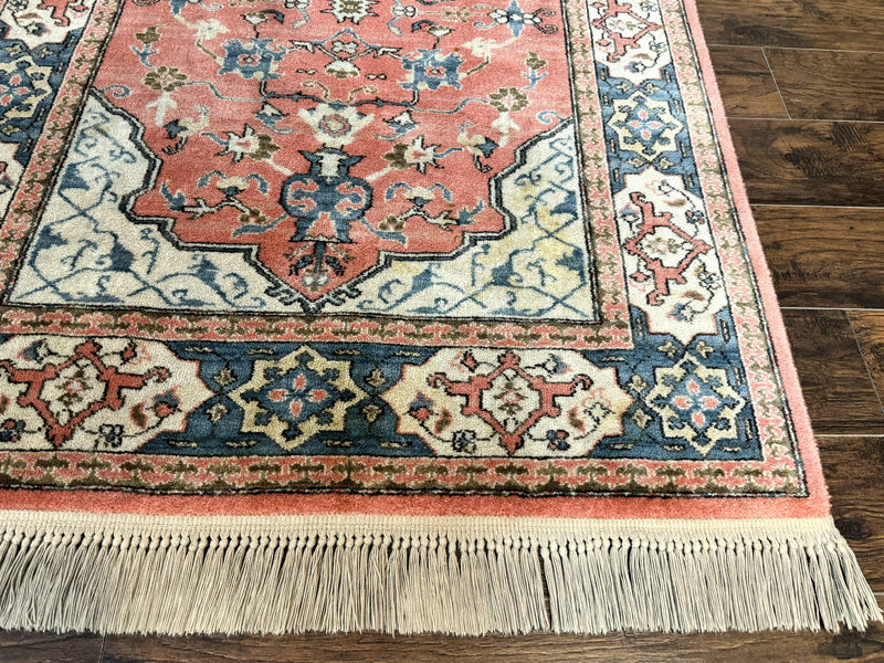 Karastan Rug 4x6 Bergama Design #737, Karastan Area Rug, Vintage Wool Karastan Carpet, Original Collection 700 Series, Salmon Red Light Blue by Jewel Rugs