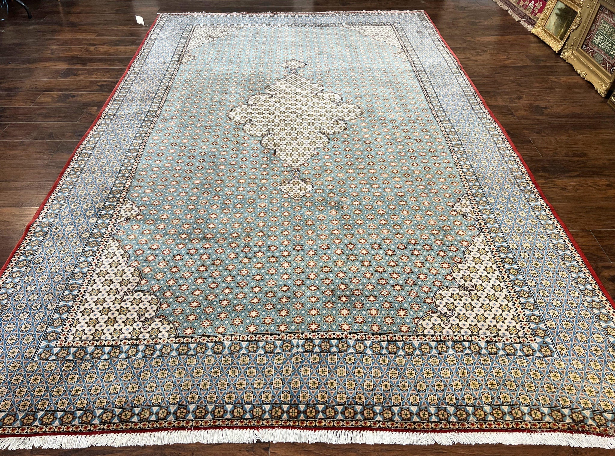 Rare Persian Rug 8x12, Qum Rug, Repeated Star Motifs, Blue and Ivory, Fine 300 KPSI, Hand Knotted Handmade Vintage Wool Rug by Jewel Rugs