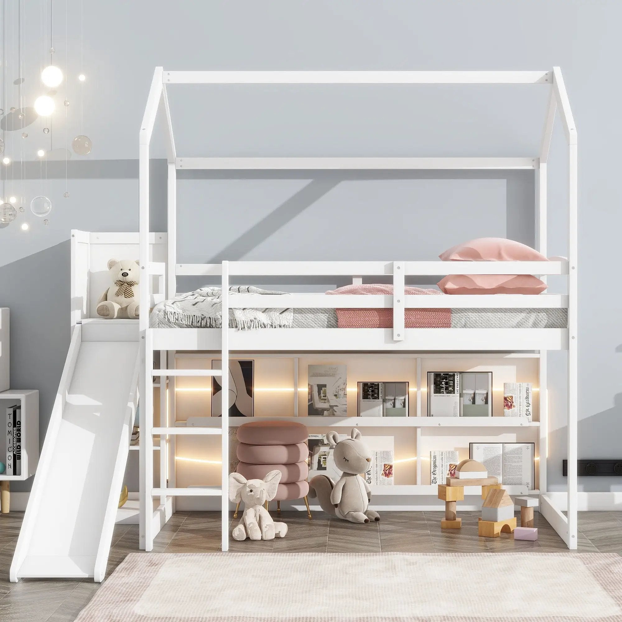 House Loft Bed With Slide, Storage Shelves And Light, Climbing Ramp by HouseOfZazla