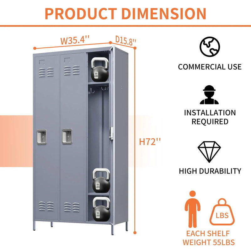 3 Door Lockers With Lock For Home, Gym, Office, School, And Garage - Gray by Unique Piece Furniture
