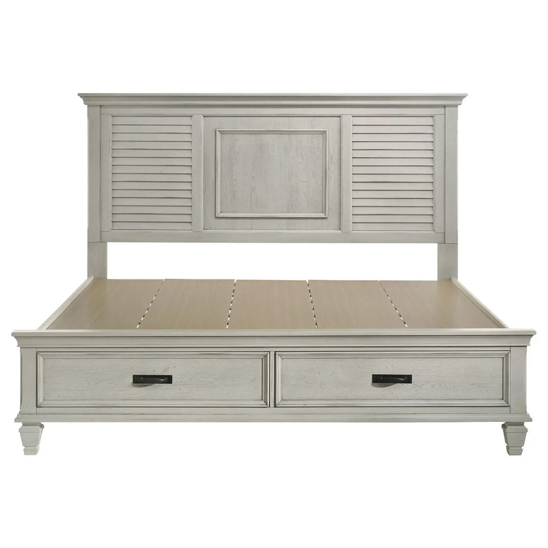 Franco Wood Eastern King Storage Panel Bed Distressed White by Unique Piece Furniture
