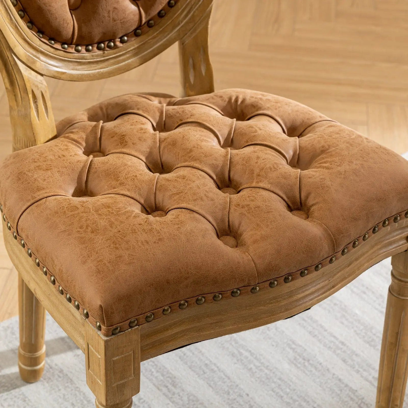 French Style Solid Wood Frame Antique Painting, Hand-Pulled Buckle Decoration Artificial Dining Chair With Nailhead Trim, Wood Legs by HouseOfZazla