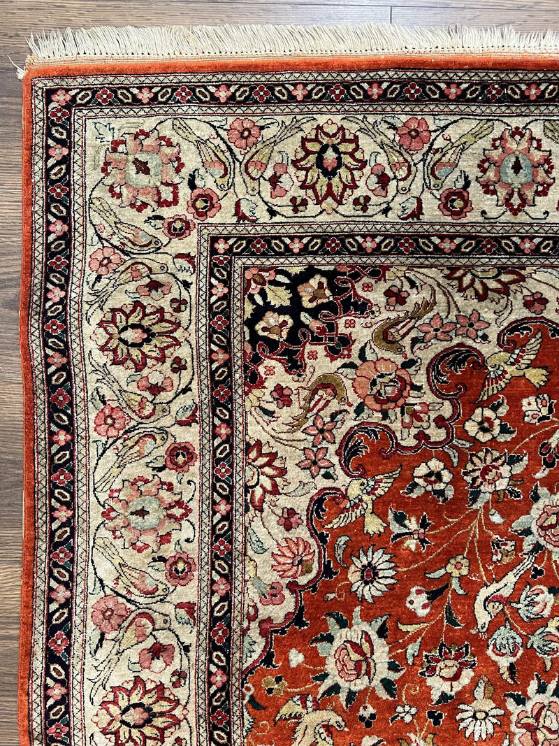 Persian Qum Silk Rug 5x7 - Floral Medallion, Birds, Orange-Red by Jewel Rugs