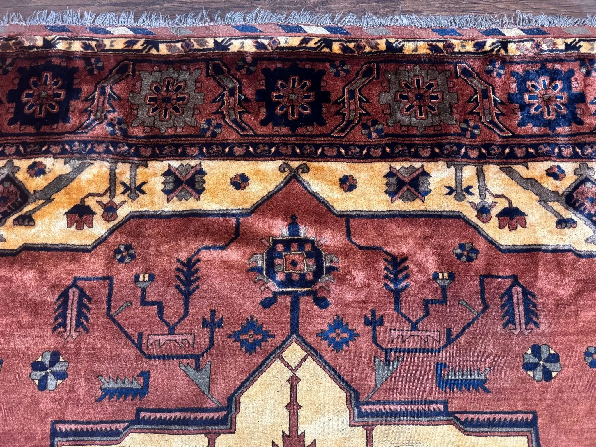 Afghan Heriz Rug 9x12, Tribal Geometric Serapi Carpet, Rust Cream and Navy, Wool on Wool by Jewel Rugs