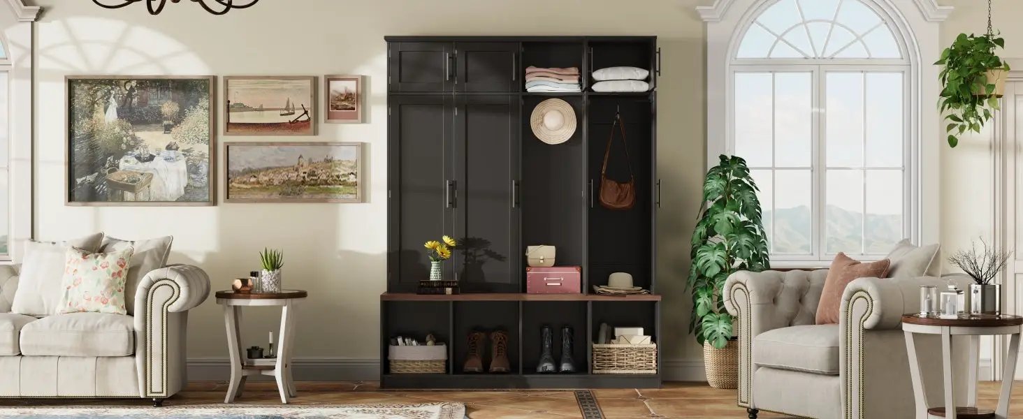 Farmhouse Hall Tree with 4 Hidden Hanging Hooks and Storage Bench by HouseOfZazla