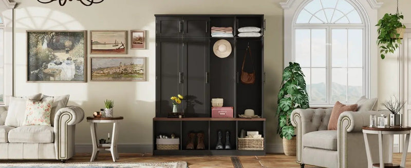 Farmhouse Hall Tree with 4 Hidden Hanging Hooks and Storage Bench by HouseOfZazla